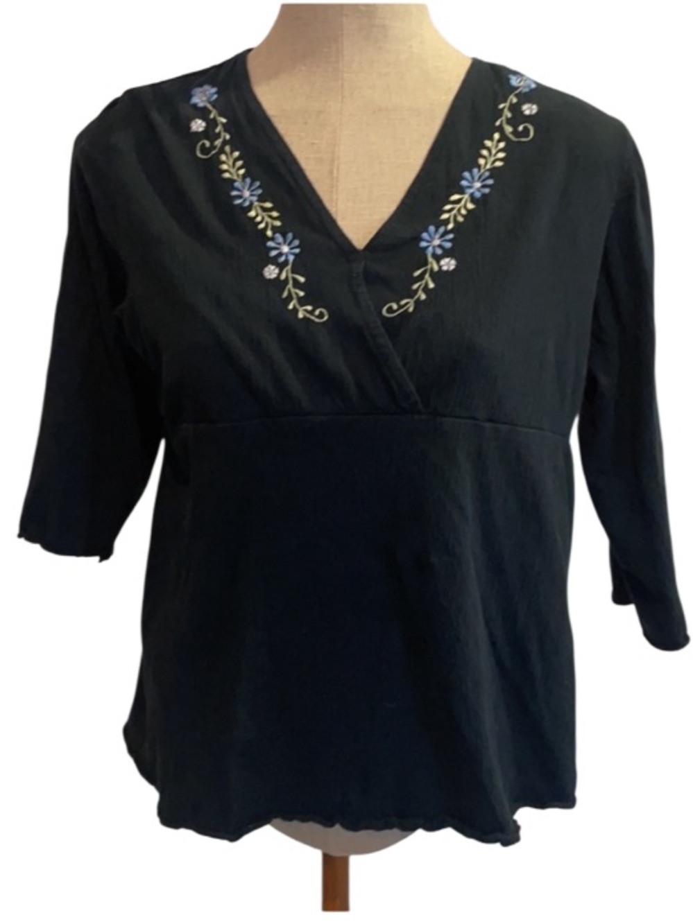 Due Date navy blue top floral cottage core Vintage 1990s 3/4 sleeve size M
